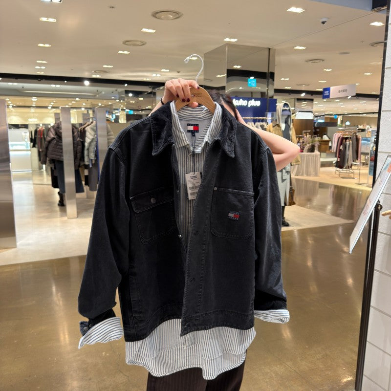男款【WE ARE】韓國TOMMY JEANS 異材質接拼刷舊牛仔外套T32G7WSH12TMT1