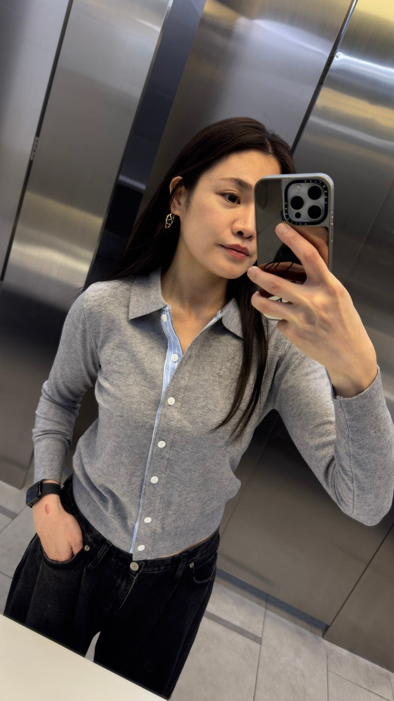 【WE ARE】韓國LAP 異材質接拼翻領鈕扣針織衫AR3KG841