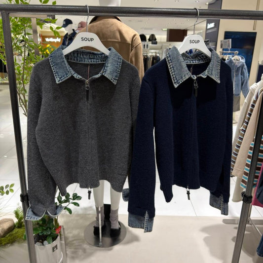 【WE ARE】韓國SOUP 牛仔拼接針織雙拉鏈外套SC2GD80