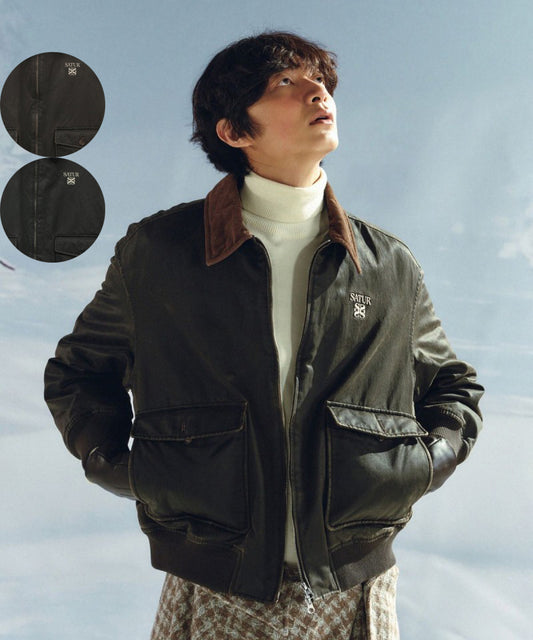 男女同款【WE ARE】韓國Satur 異材質翻領皮革雙拉鏈外套SA254UJP14