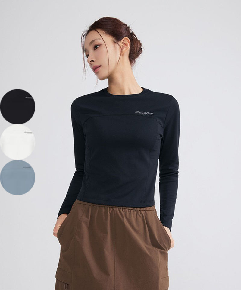 女款【WE ARE】韓國Discovery 微短版經典logo合身長袖上衣 DWRL4E054
