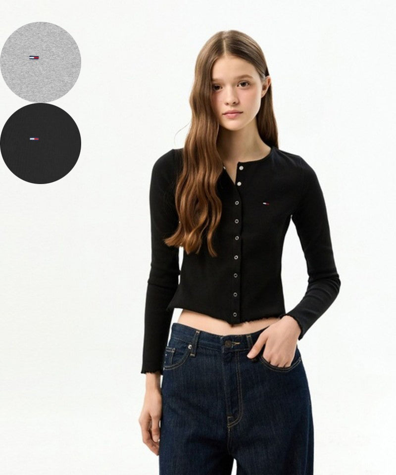 女款【WE ARE】韓國TOMMY JEANS 短版木耳邊排扣針織衫T32G6TTO01TWT2