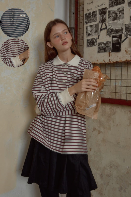 【WE ARE】韓國Leterie條紋POLO長袖 COLLARSTRIPELONGSLEEVE