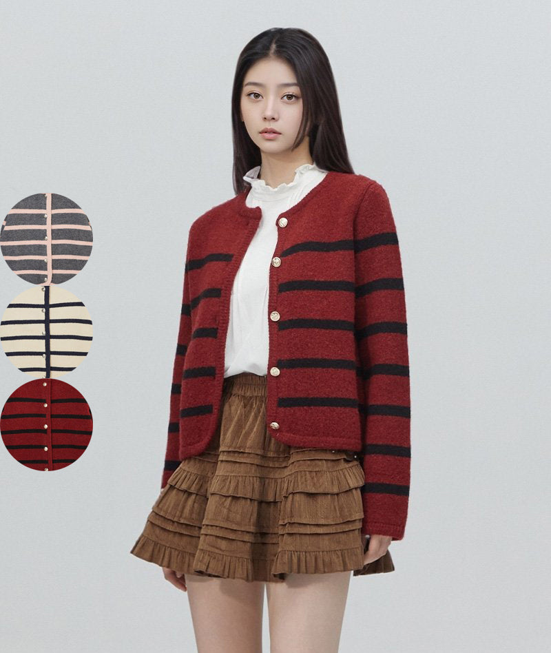 【WE ARE】韓國LAP 小香風金屬扣條紋針織外套 AR4KGA69