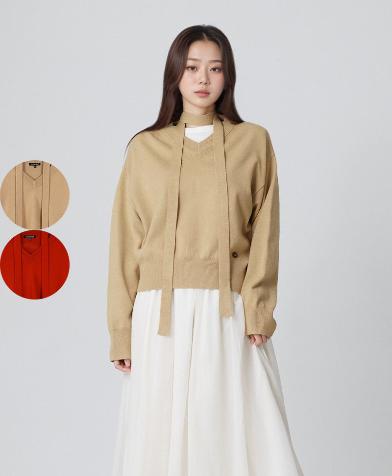 【WE ARE】韓國LAP Ｖ領針織毛衣(附綁帶)AR4KHA66