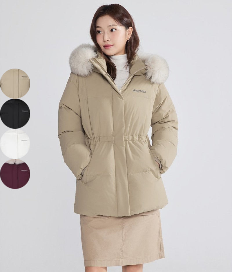 女款【WE ARE】韓國Discovery 中長版絨毛帽鵝絨外套  DWDJ98056