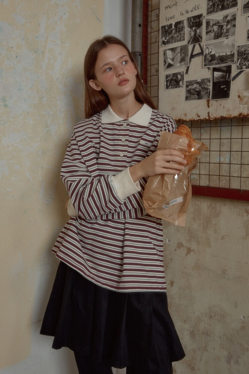 【WE ARE】韓國Leterie條紋POLO長袖 COLLARSTRIPELONGSLEEVE
