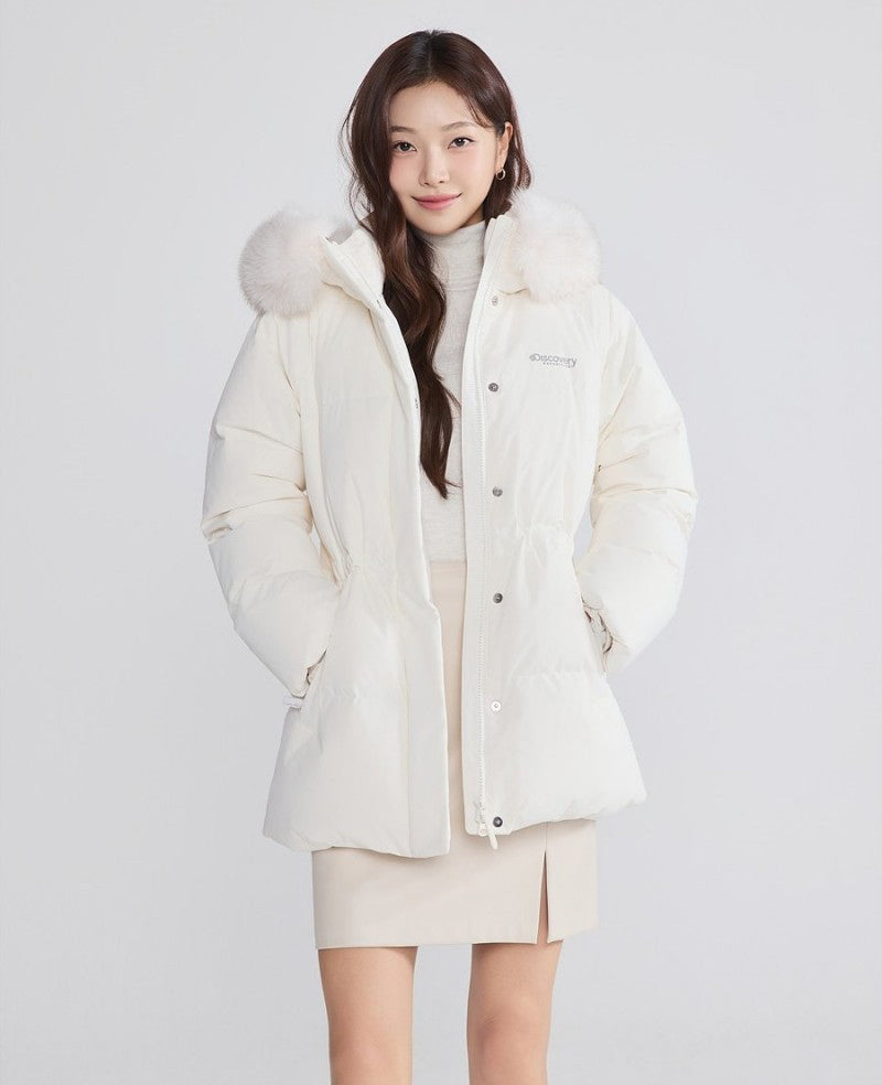 女款【WE ARE】韓國Discovery 中長版絨毛帽鵝絨外套  DWDJ98056