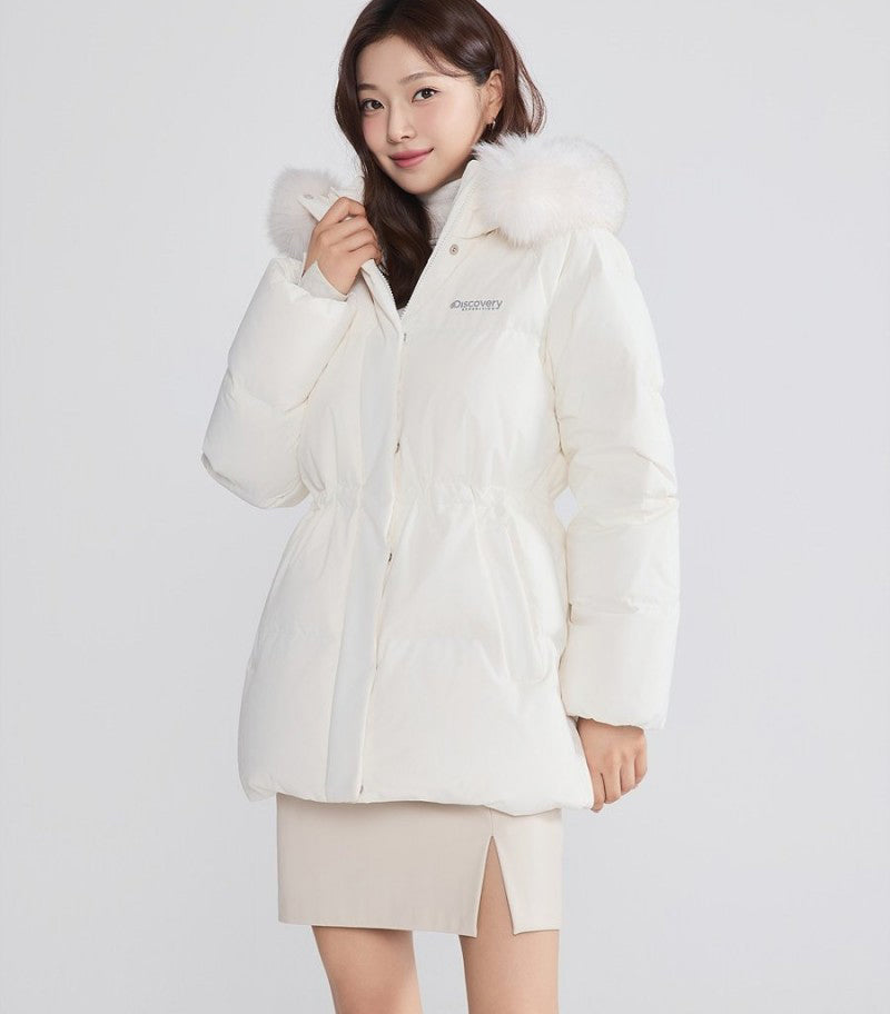 女款【WE ARE】韓國Discovery 中長版絨毛帽鵝絨外套  DWDJ98056