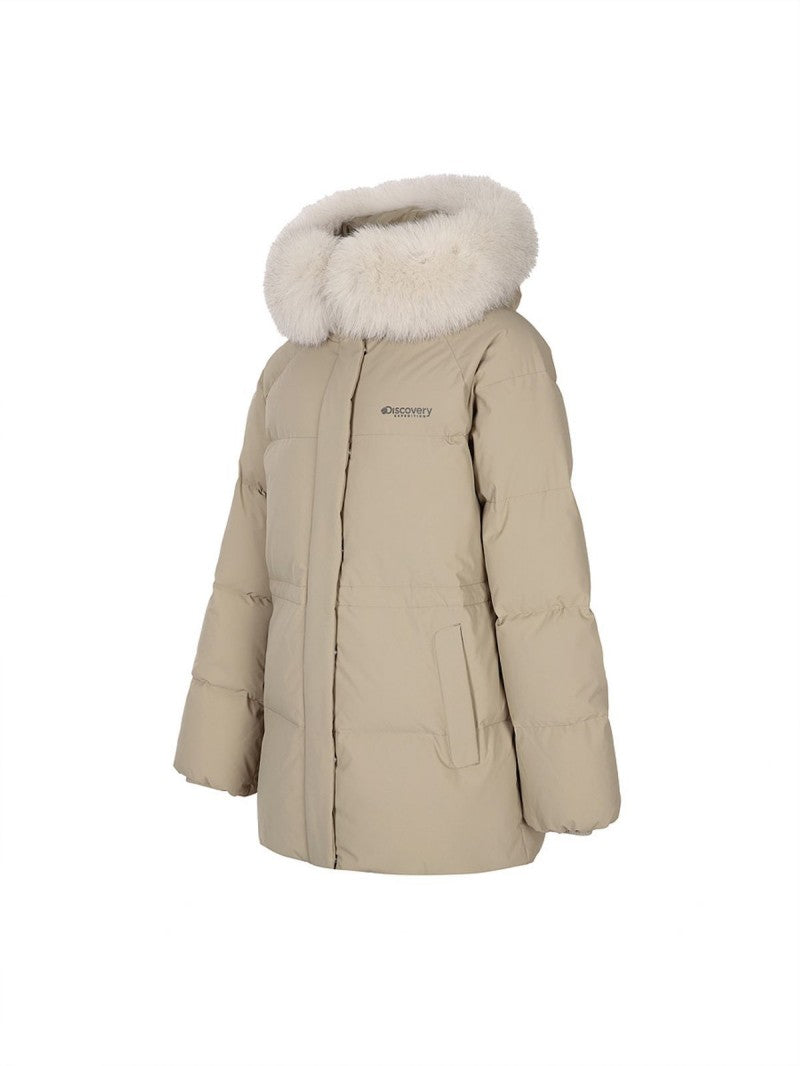 女款【WE ARE】韓國Discovery 中長版絨毛帽鵝絨外套  DWDJ98056