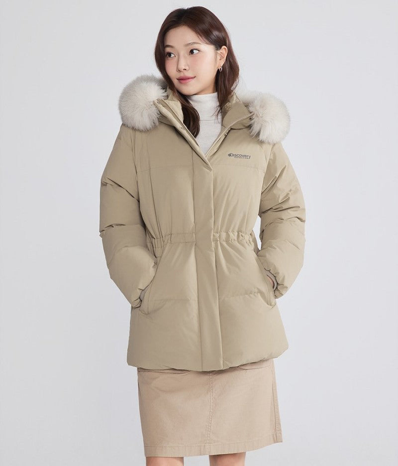 女款【WE ARE】韓國Discovery 中長版絨毛帽鵝絨外套  DWDJ98056