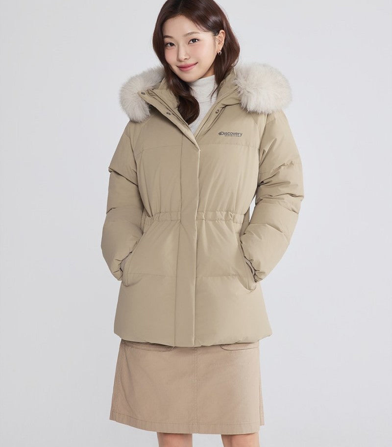 女款【WE ARE】韓國Discovery 中長版絨毛帽鵝絨外套  DWDJ98056