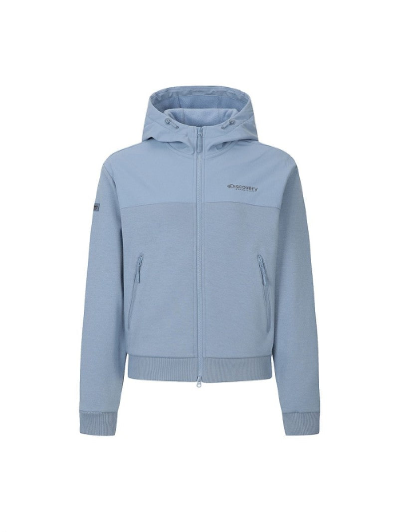 女款【WE ARE】韓國Discovery 異材質接拼連帽雙拉鏈刷毛棉外套DWTR93056
