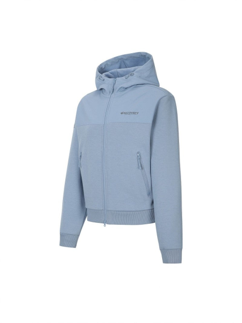 女款【WE ARE】韓國Discovery 異材質接拼連帽雙拉鏈刷毛棉外套DWTR93056
