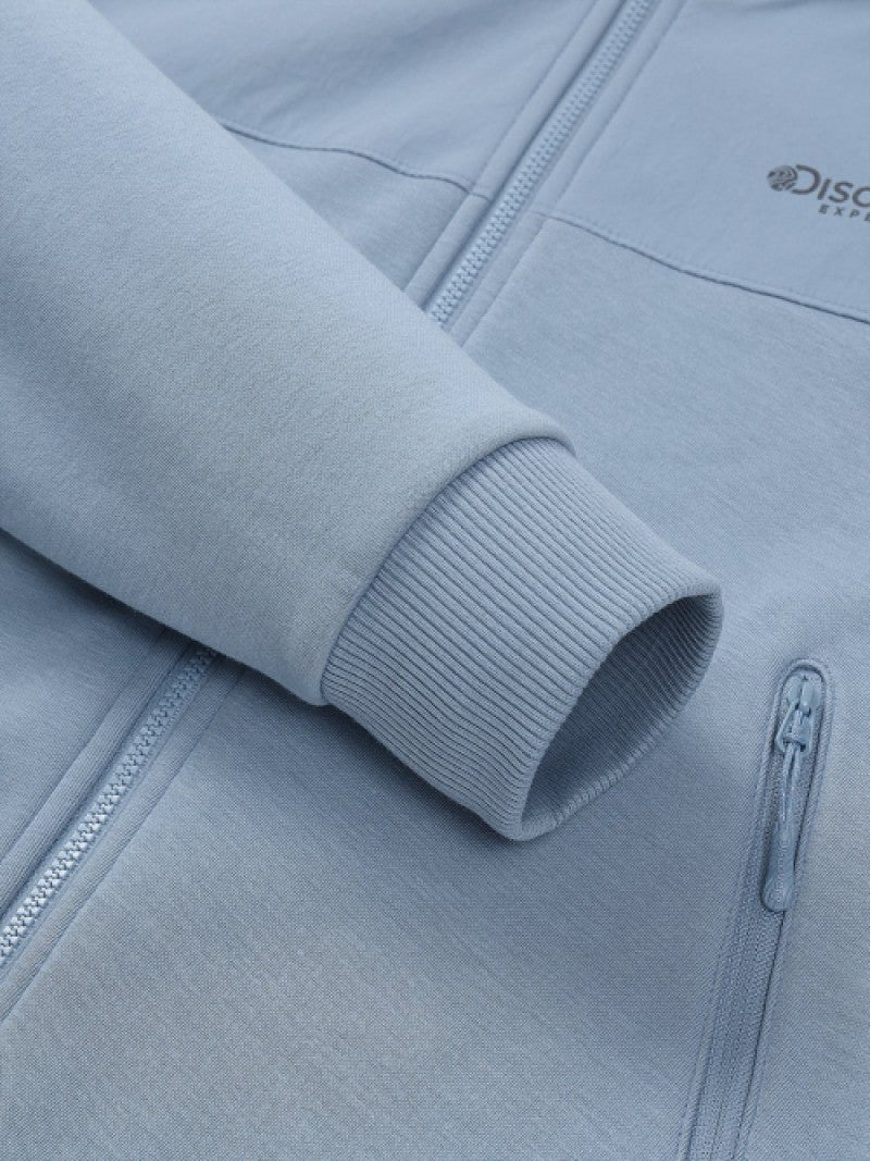 女款【WE ARE】韓國Discovery 異材質接拼連帽雙拉鏈刷毛棉外套DWTR93056