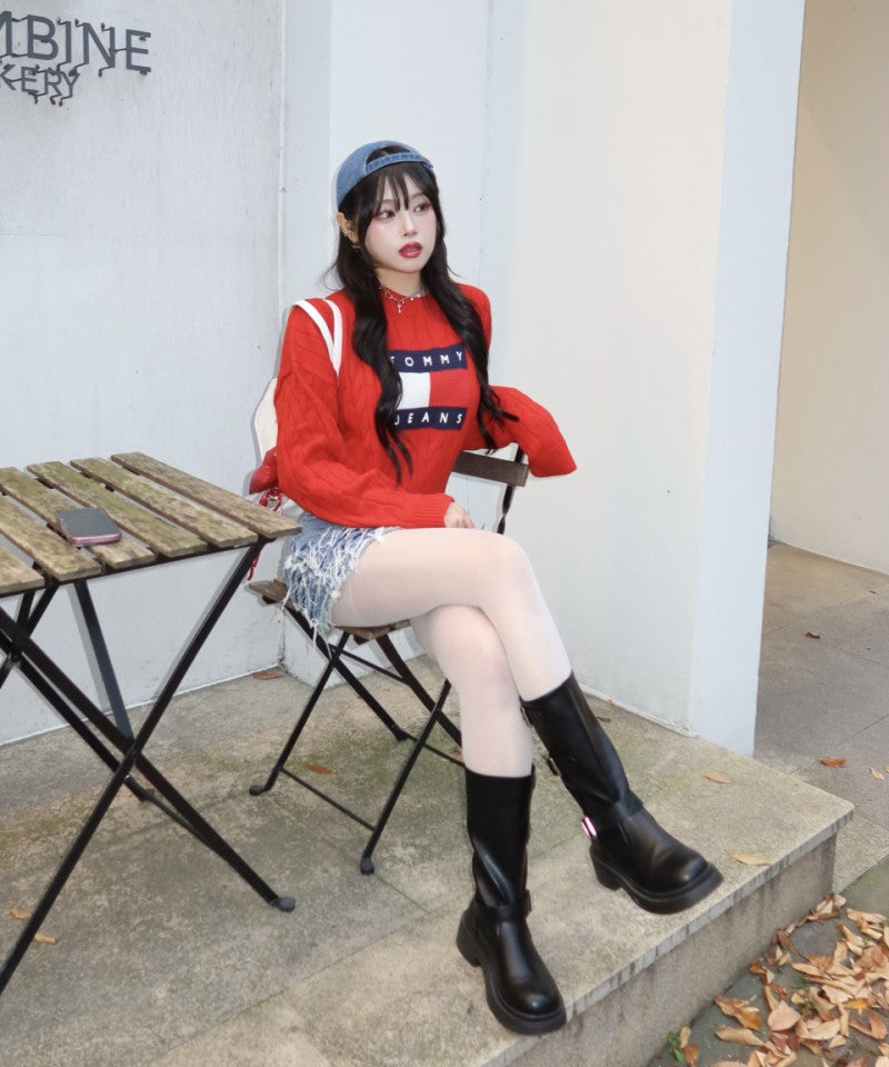 女款【WE ARE】韓國TOMMY JEANS 微短版麻花針織衫  32F6KTO30TWT1