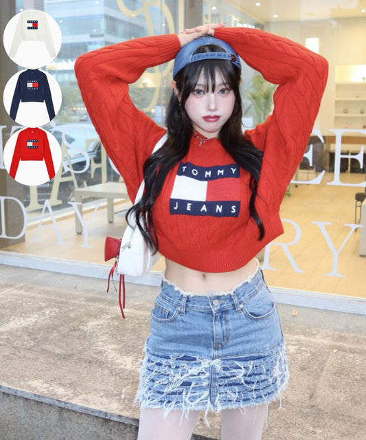 女款【WE ARE】韓國TOMMY JEANS 微短版麻花針織衫  32F6KTO30TWT1