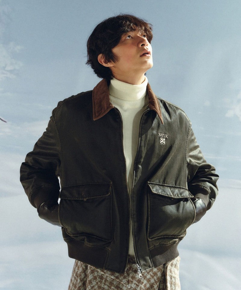 男女同款【WE ARE】韓國Satur 異材質翻領皮革雙拉鏈外套SA254UJP14