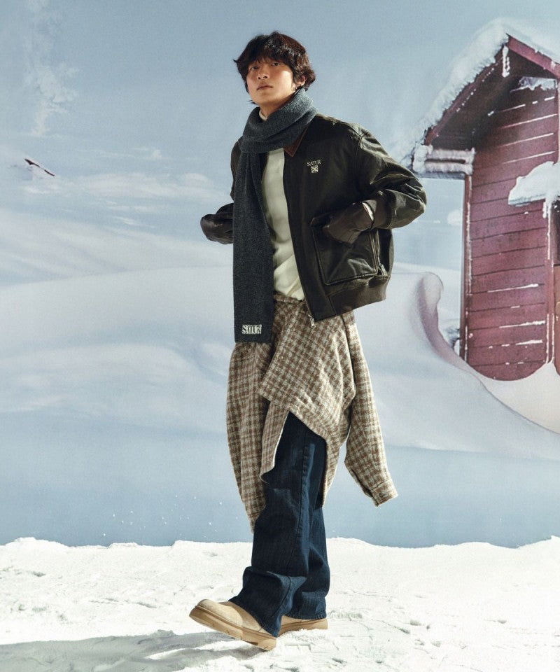 男女同款【WE ARE】韓國Satur 異材質翻領皮革雙拉鏈外套SA254UJP14