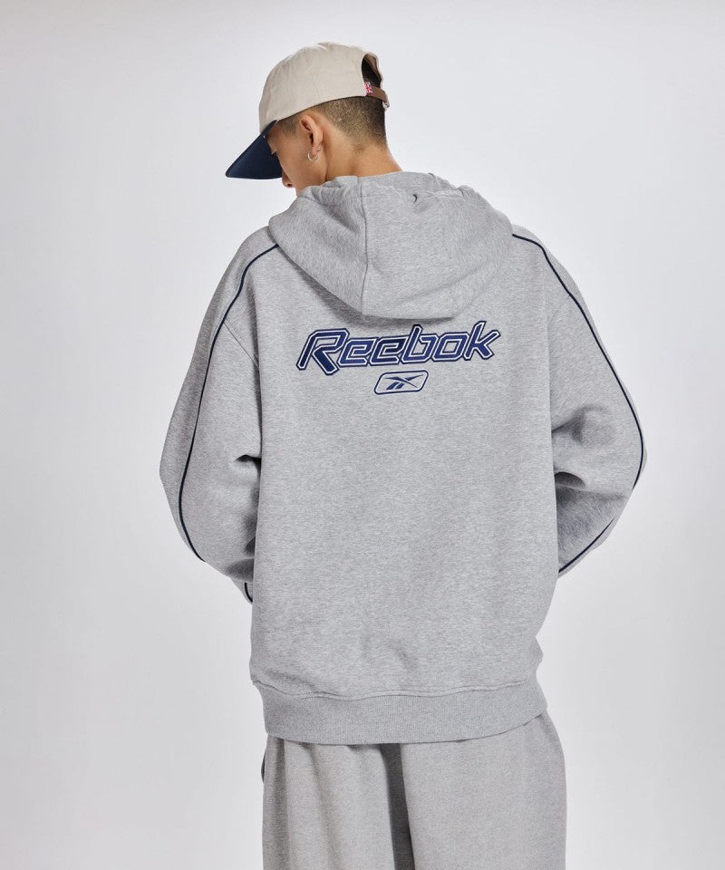 （版型偏小）男款【WE ARE】韓國Reebok 刺繡拼色線條刷毛帽T  RETS5FH43