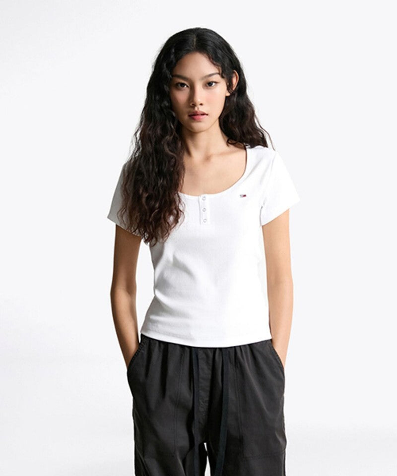【WE ARE】韓國TOMMY JEANS大U排扣合身短袖 T32F6TTO02TWT1