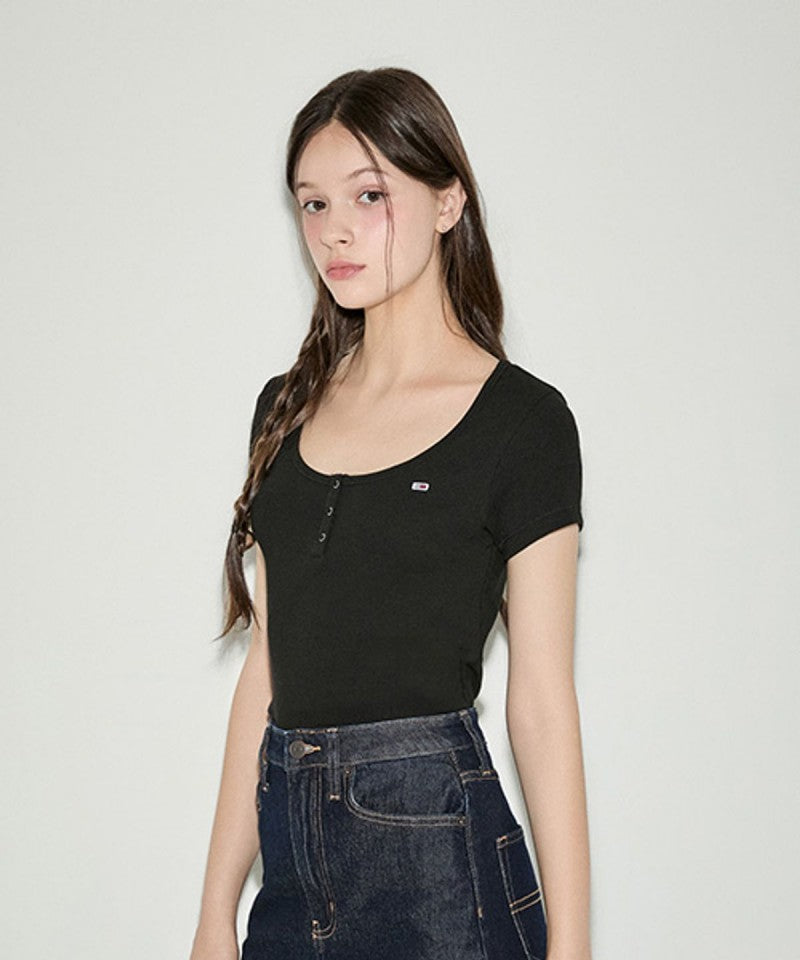 【WE ARE】韓國TOMMY JEANS大U排扣合身短袖 T32F6TTO02TWT1