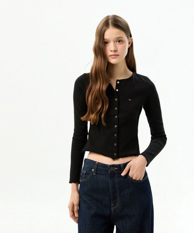女款【WE ARE】韓國TOMMY JEANS 短版木耳邊排扣針織衫T32G6TTO01TWT2