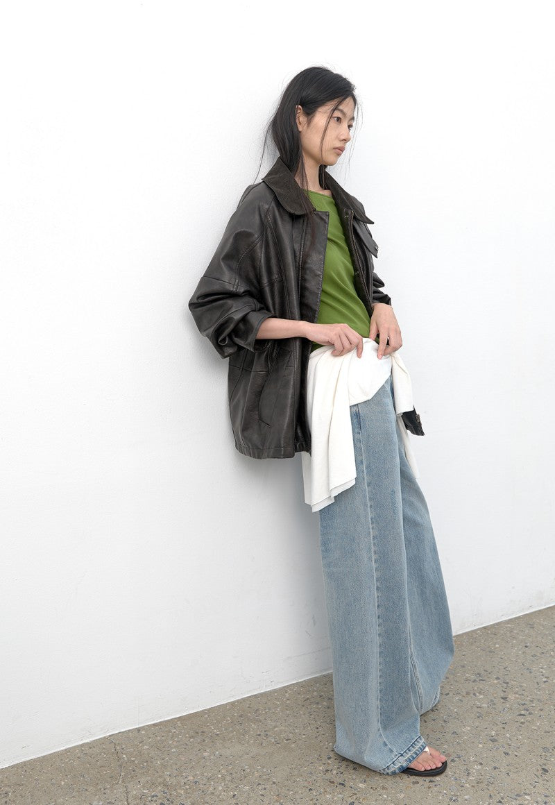建議165以上【WE ARE】韓國Atelier Nain復古翻領異材質接拼皮外  NMP5NLJP612M0