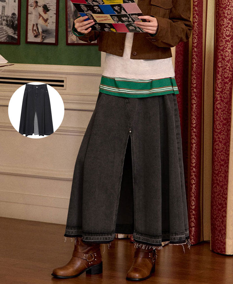 【WE ARE】韓國LAP 前開衩抽鬚傘擺牛仔裙  AQ4DSA61