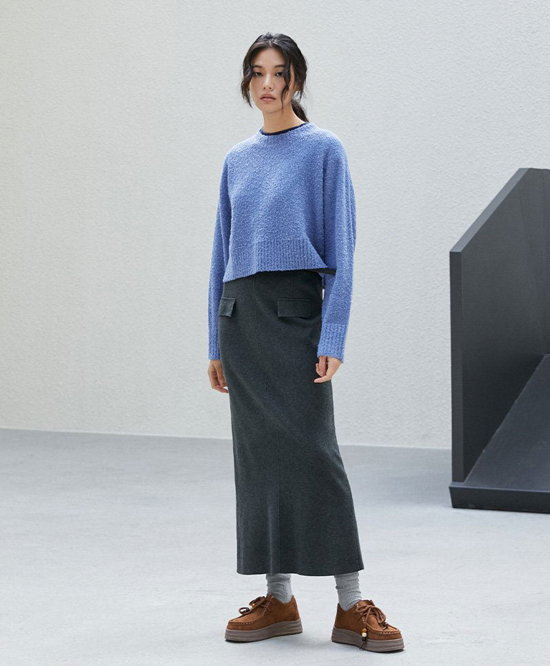 【WE ARE】韓國LAP 假口袋設計 後開衩針織長裙 AR4WSB21