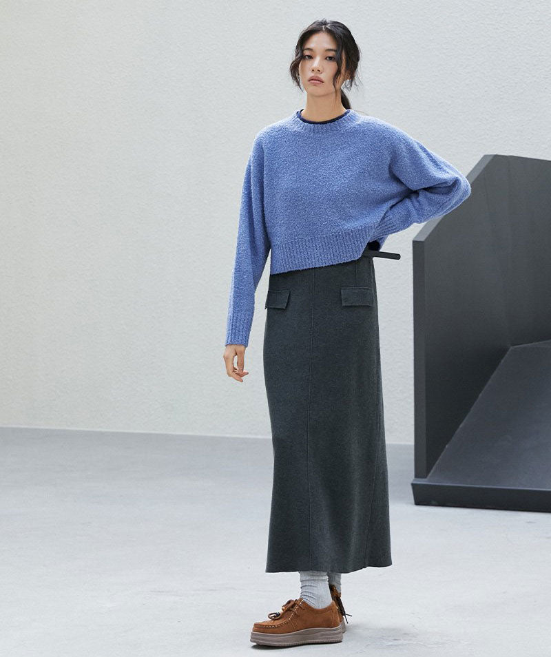 【WE ARE】韓國LAP 假口袋設計 後開衩針織長裙 AR4WSB21