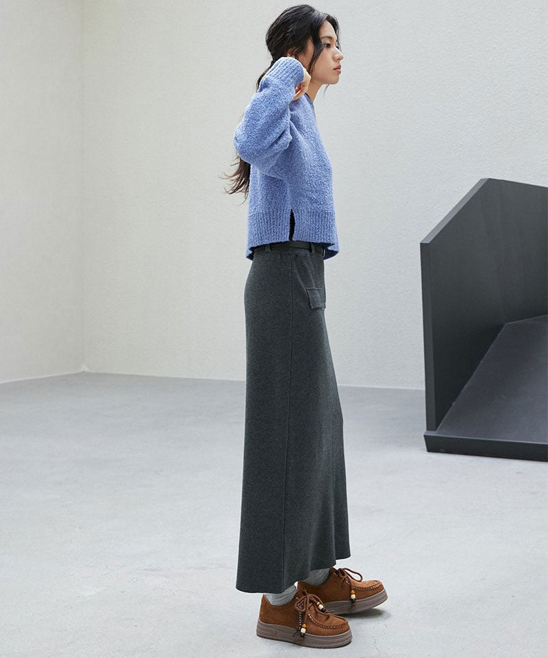 【WE ARE】韓國LAP 假口袋設計 後開衩針織長裙 AR4WSB21