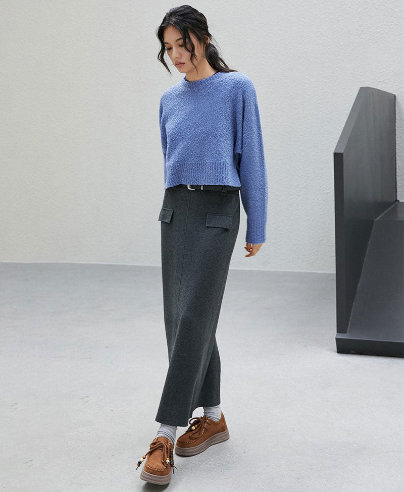 【WE ARE】韓國LAP 假口袋設計 後開衩針織長裙 AR4WSB21