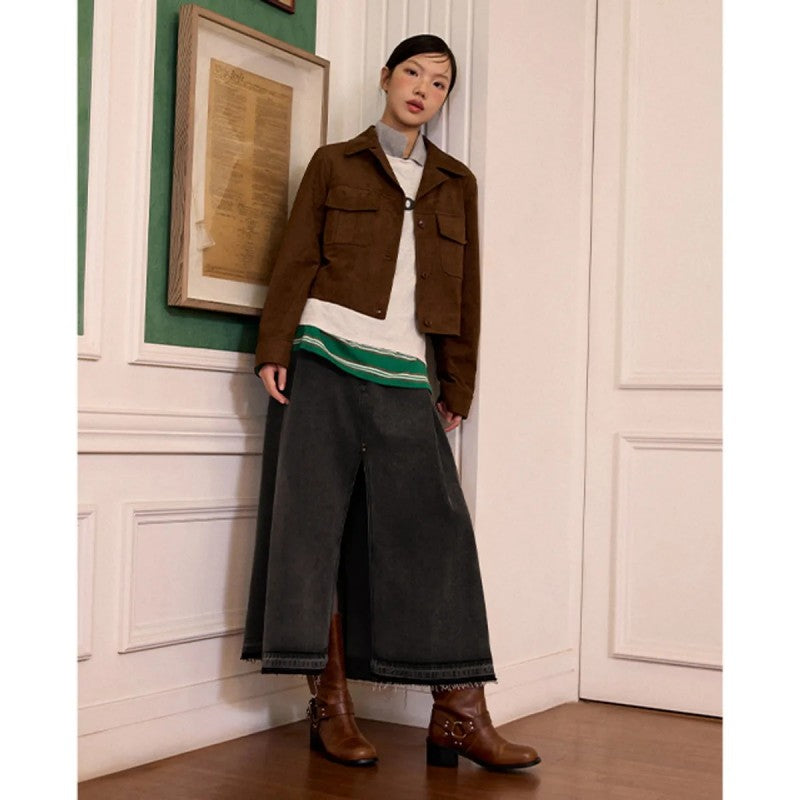 【WE ARE】韓國LAP 前開衩抽鬚傘擺牛仔裙  AQ4DSA61