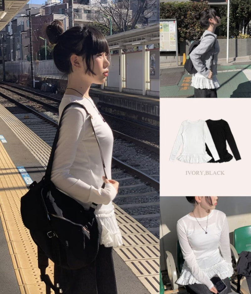 【WE ARE】韓國荷葉邊長袖內搭foyalayered