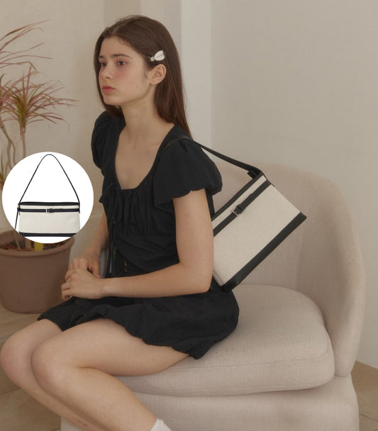 【WE ARE】韓國ANOETIC法式皮帶帆布肩背包 ANCCANVASBELTSHOULDER