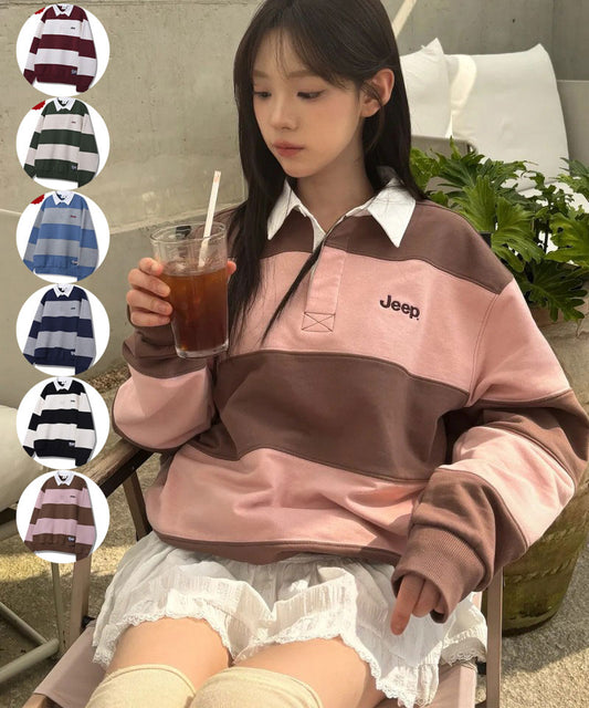 中性版【WE ARE】韓國JEEP 翻領寬條紋大學ＴJR5TSU825