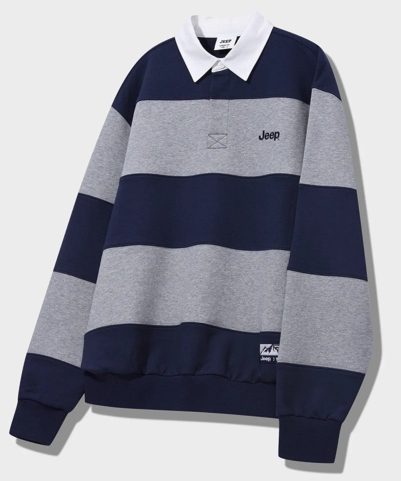 中性版【WE ARE】韓國JEEP 翻領寬條紋大學ＴJR5TSU825