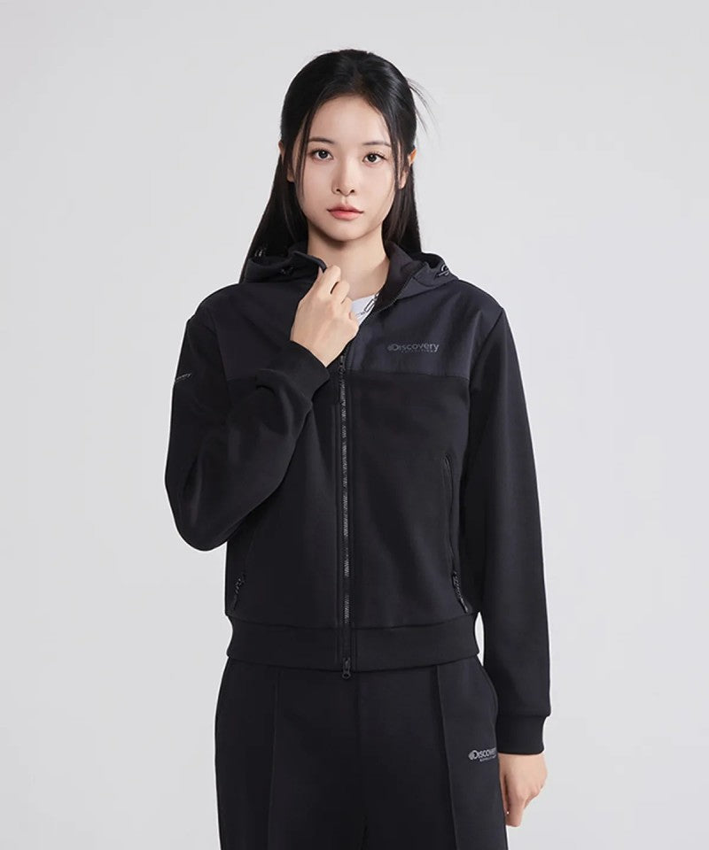 女款【WE ARE】韓國Discovery 異材質接拼連帽雙拉鏈刷毛棉外套DWTR93056