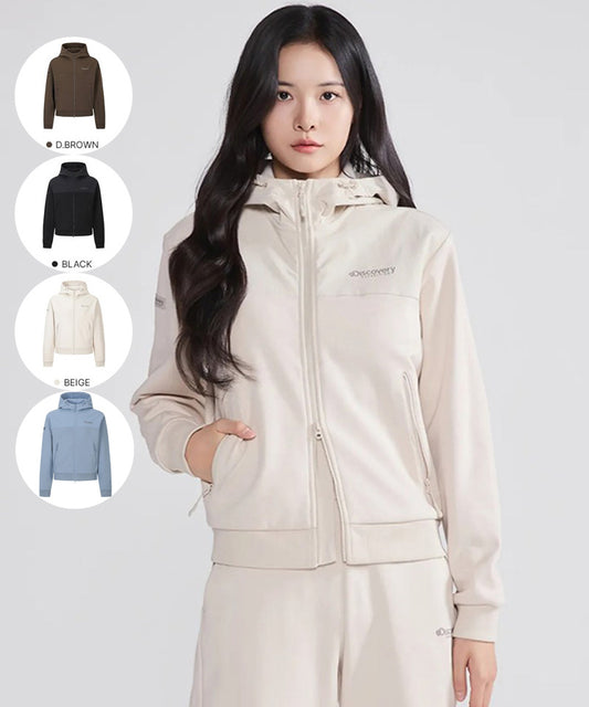 女款【WE ARE】韓國Discovery 異材質接拼連帽雙拉鏈刷毛棉外套DWTR93056