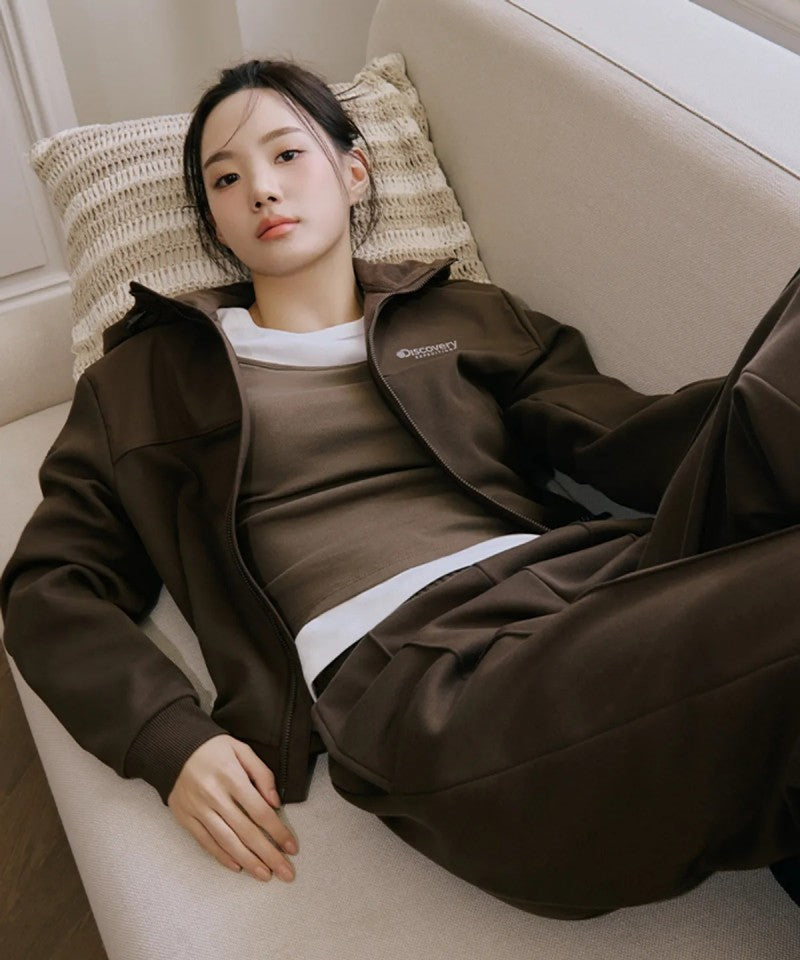女款【WE ARE】韓國Discovery 異材質接拼連帽雙拉鏈刷毛棉外套DWTR93056