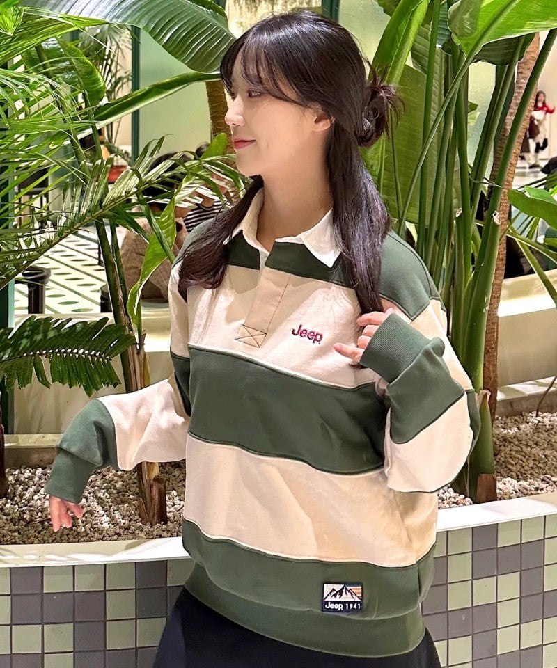 中性版【WE ARE】韓國JEEP 翻領寬條紋大學ＴJR5TSU825