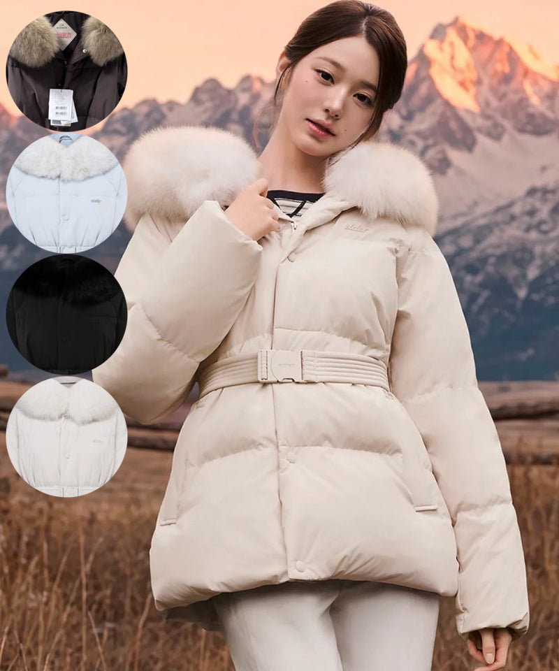 女款【WE ARE】韓國EIDER 毛毛領連帽中長款鵝絨羽絨外套 DWW26558