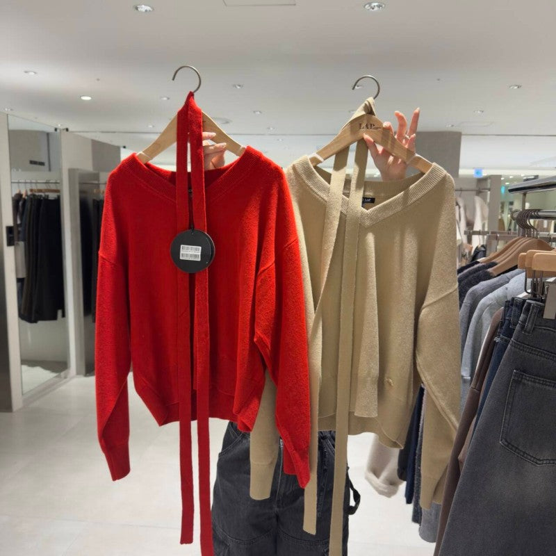 【WE ARE】韓國LAP Ｖ領針織毛衣(附綁帶)AR4KHA66