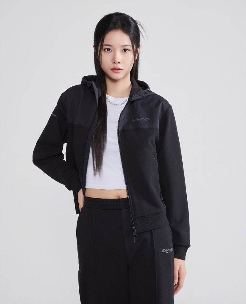 女款【WE ARE】韓國Discovery 異材質接拼連帽雙拉鏈刷毛棉外套DWTR93056