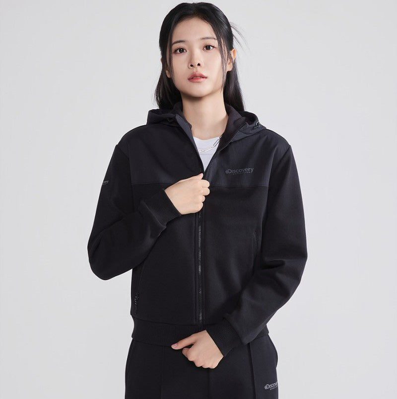 女款【WE ARE】韓國Discovery 異材質接拼連帽雙拉鏈刷毛棉外套DWTR93056