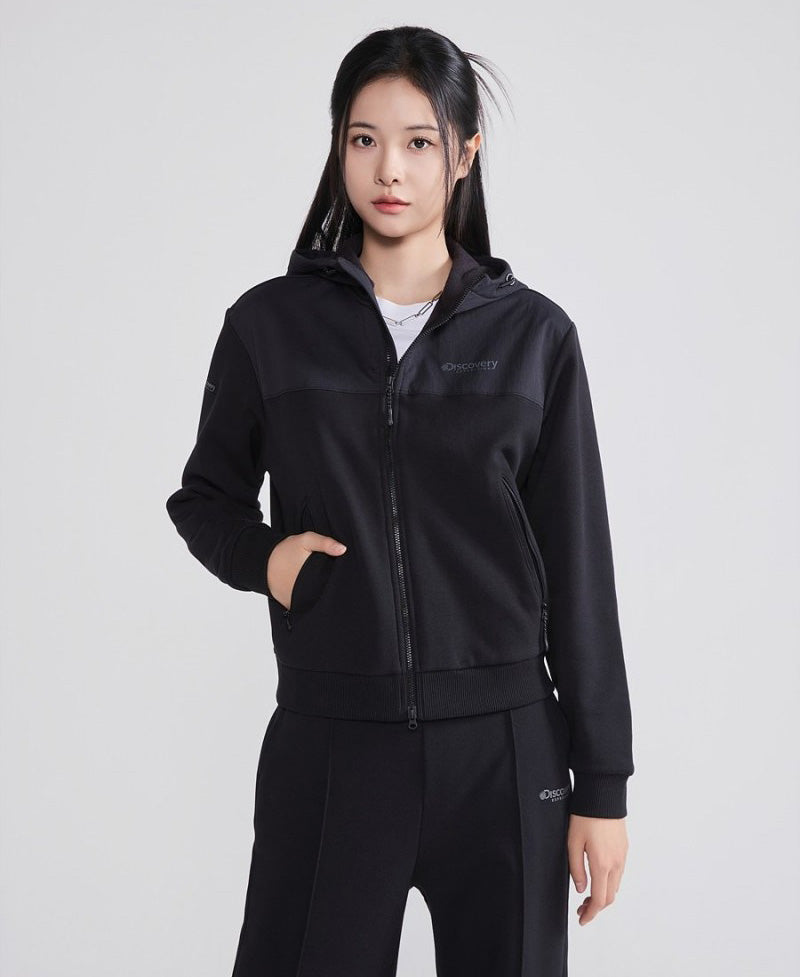 女款【WE ARE】韓國Discovery 異材質接拼連帽雙拉鏈刷毛棉外套DWTR93056