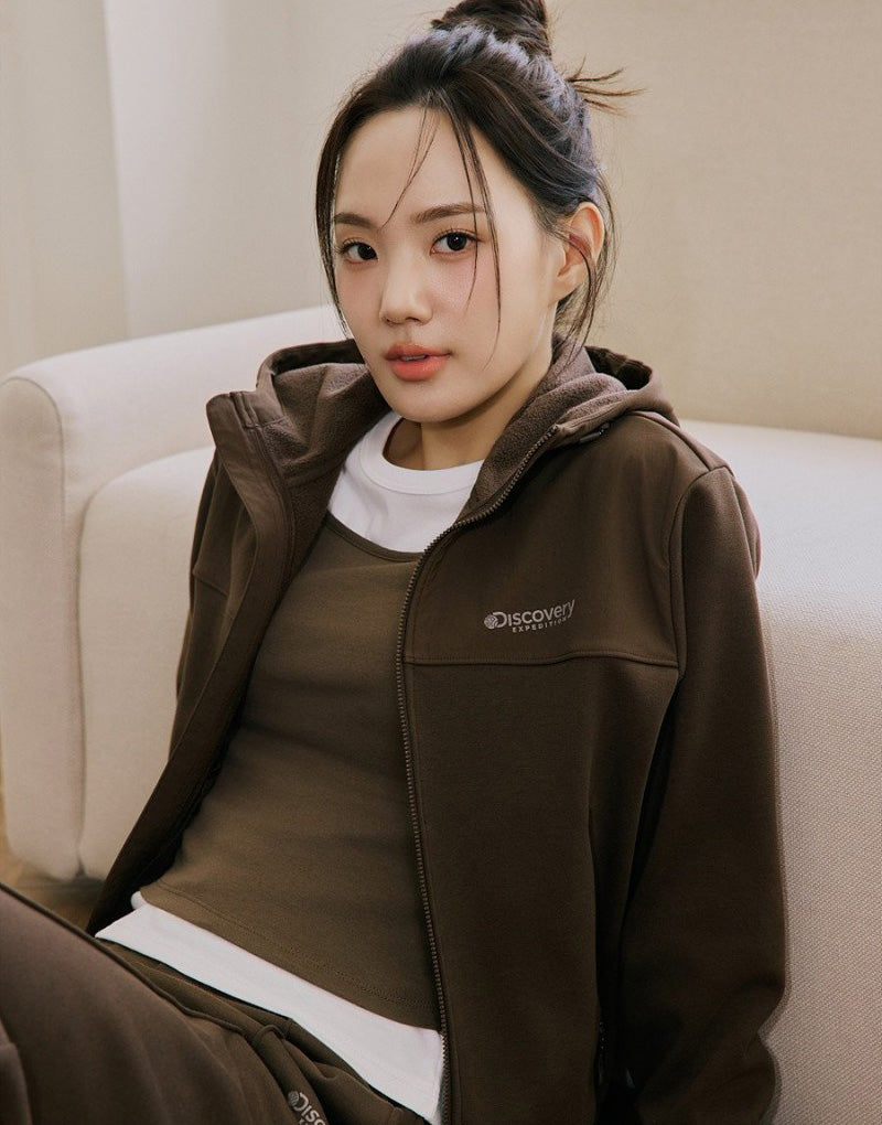 女款【WE ARE】韓國Discovery 異材質接拼連帽雙拉鏈刷毛棉外套DWTR93056