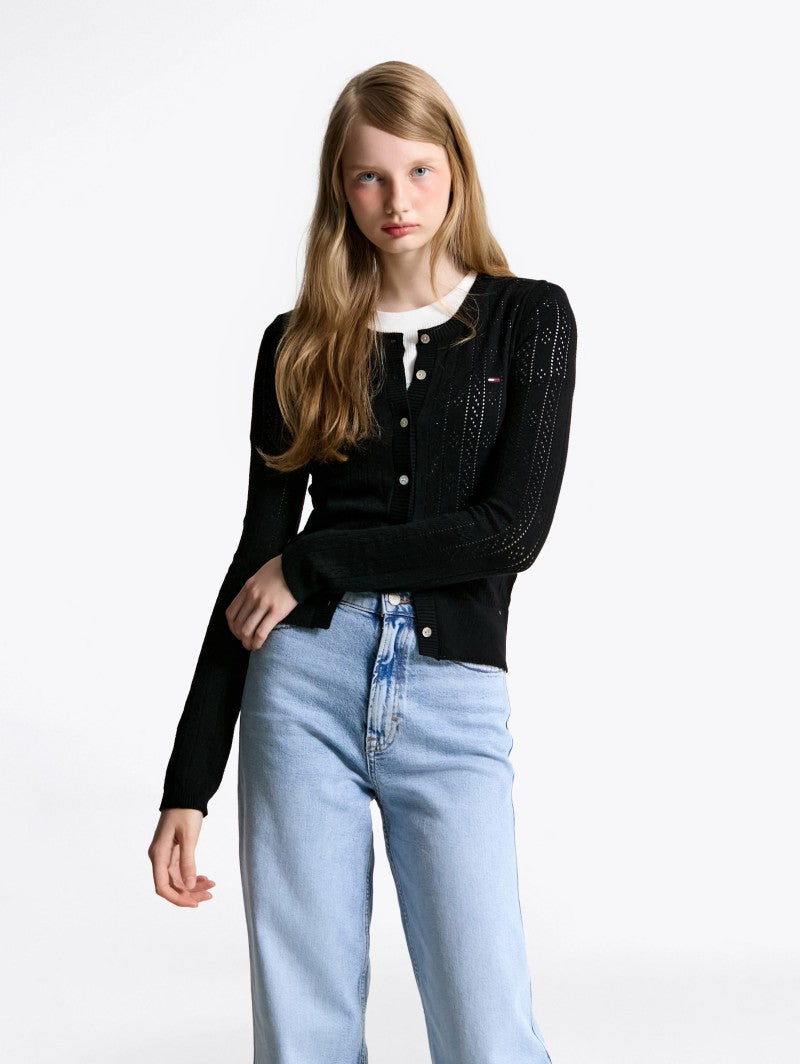 女款【WE ARE】韓國TOMMY JEANS 小標貝殼扣薄針織衫 T32F6KCD12TWT1