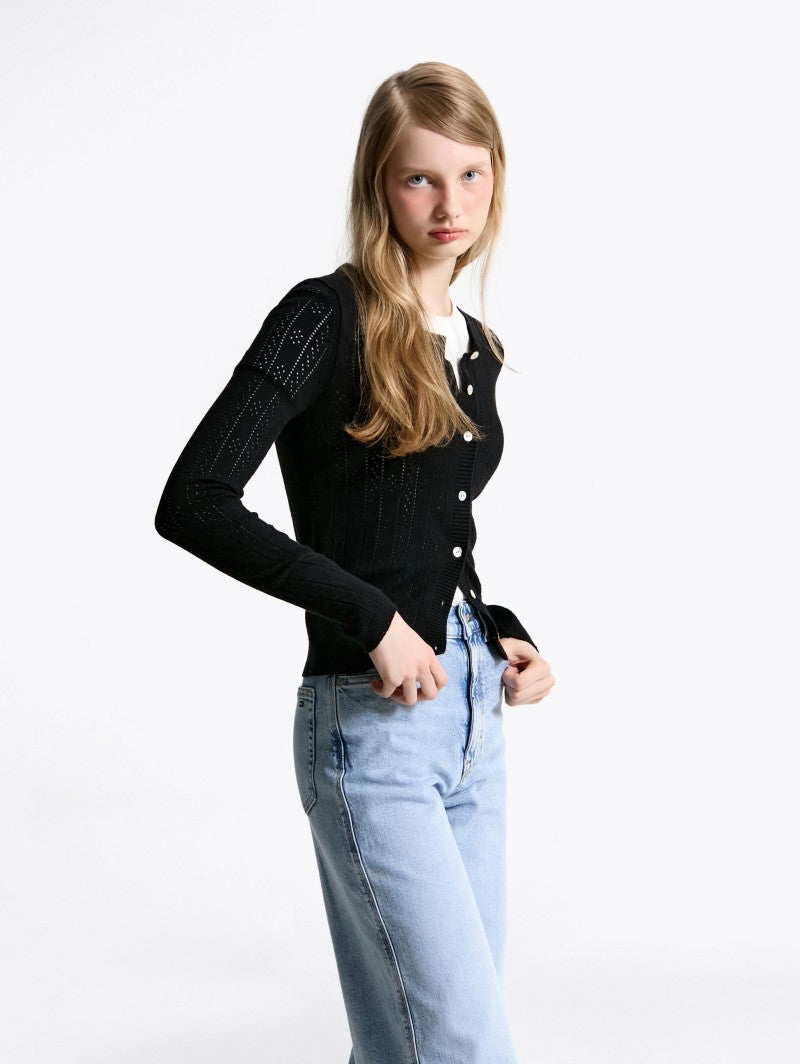 女款【WE ARE】韓國TOMMY JEANS 小標貝殼扣薄針織衫 T32F6KCD12TWT1